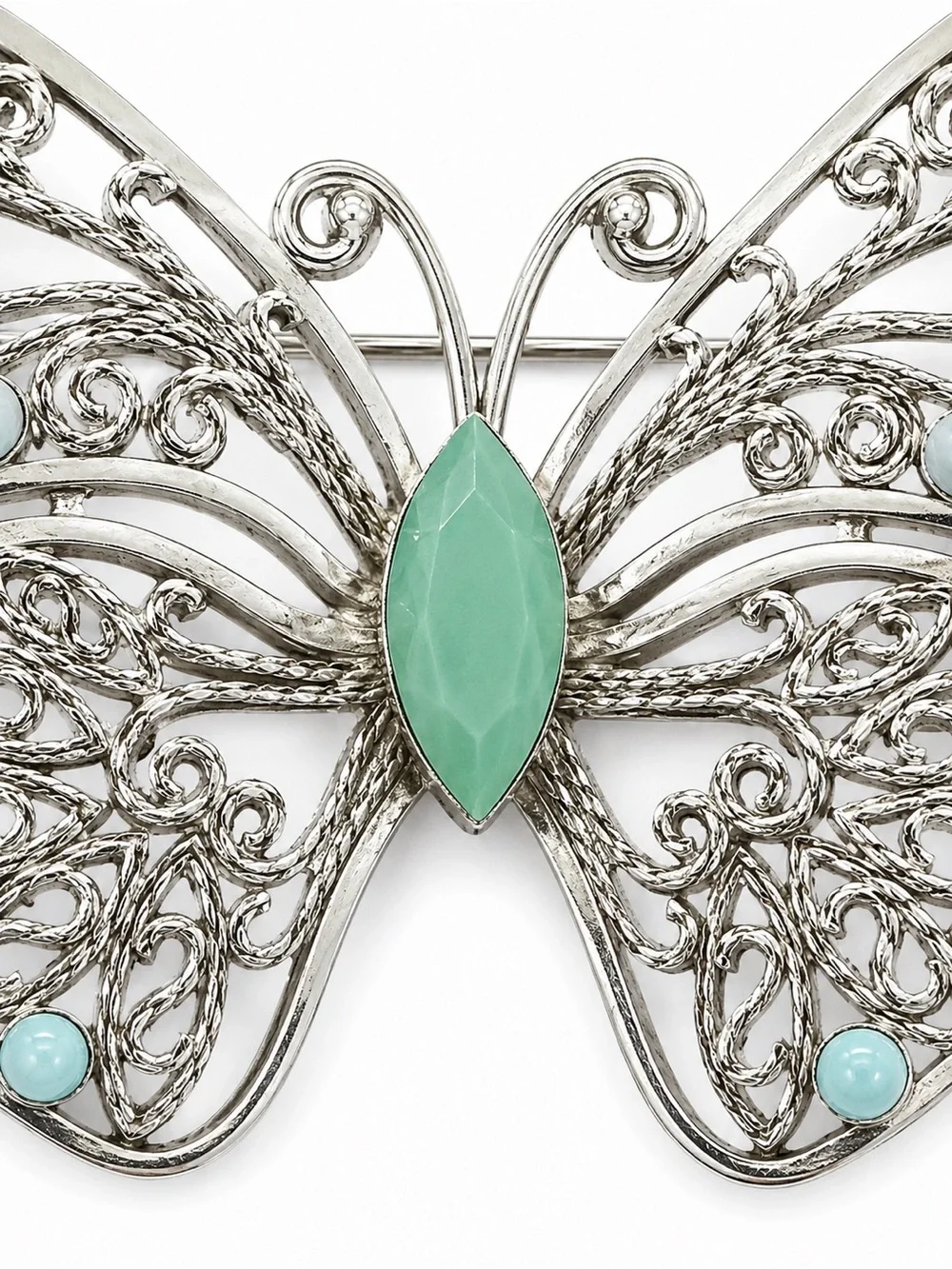 Vintage Monet Butterfly Brooch Silver‎ Tone Filigree Blue Cabochon Accent